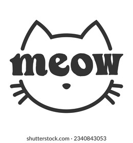 Meow lettering inside cat head pictogram, with ears and whiskers. Cute design for feline lovers and cat moms.