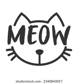 Meow lettering inside cat head pictogram, with ears and whiskers. Cute design for feline lovers and cat moms.