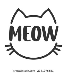 Meow lettering inside cat head pictogram, with ears and whiskers. Cute design for feline lovers and cat moms.