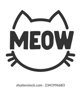 Meow lettering inside cat head pictogram, with ears and whiskers. Cute design for feline lovers and cat moms.