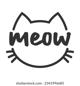 Meow lettering inside cat head pictogram, with ears and whiskers. Cute design for feline lovers and cat moms.