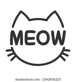 Meow lettering inside cat head pictogram, with ears and whiskers. Cute design for feline lovers and cat moms.