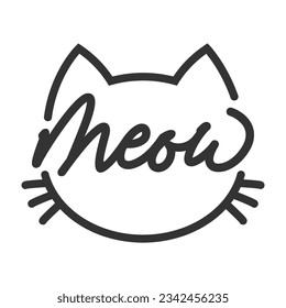 Meow lettering inside cat head pictogram, with ears and whiskers. Cute design for feline lovers and cat moms.