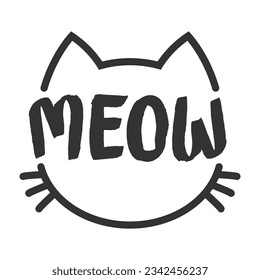 Meow lettering inside cat head pictogram, with ears and whiskers. Cute design for feline lovers and cat moms.