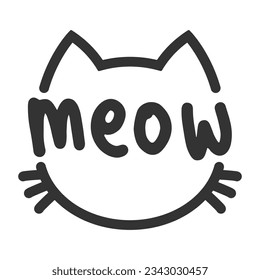 Meow lettering inside cat head pictogram, with ears and whiskers. Cute design for feline lovers and cat moms.