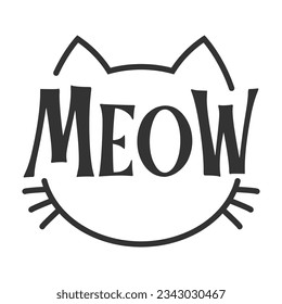 Meow lettering inside cat head pictogram, with ears and whiskers. Cute design for feline lovers and cat moms.