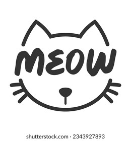 Meow lettering inside cat head pictogram, with ears and whiskers. Cute design for feline lovers and cat moms.