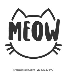 Meow lettering inside cat head pictogram, with ears and whiskers. Cute design for feline lovers and cat moms.