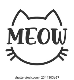 Meow lettering inside cat head pictogram, with ears and whiskers. Cute design for feline lovers and cat moms.