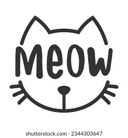 Meow lettering inside cat head pictogram, with ears and whiskers. Cute design for feline lovers and cat moms.