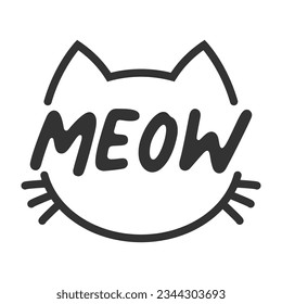 Meow lettering inside cat head pictogram, with ears and whiskers. Cute design for feline lovers and cat moms.