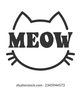 Meow lettering inside cat head pictogram, with ears and whiskers. Cute design for feline lovers and cat moms.