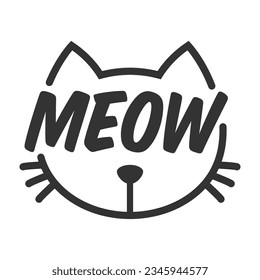 Meow lettering inside cat head pictogram, with ears and whiskers. Cute design for feline lovers and cat moms.