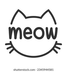 Meow lettering inside cat head pictogram, with ears and whiskers. Cute design for feline lovers and cat moms.