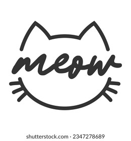 Meow lettering inside cat head pictogram, with ears and whiskers. Cute design for feline lovers and cat moms.