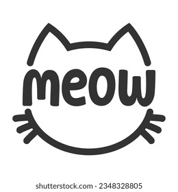 Meow lettering inside cat head pictogram, with ears and whiskers. Cute design for feline lovers and cat moms.