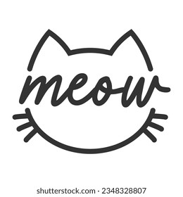 Meow lettering inside cat head pictogram, with ears and whiskers. Cute design for feline lovers and cat moms.