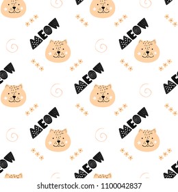 MEOW lettering Seamless Pattern with wild hand drawn doodle animal cat face. In yellow white and black color in Scandinavian style for kids.