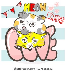 meow love kids,funny hand drawn lettering with Cats and heart,stock vector illustration.Striped background.