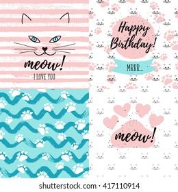 Meow! I love you, Happy Birthday Mrrr fashion graphic print, greeting cards set. Vector hand lettering on abstract painted backgrounds. 