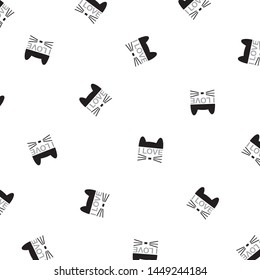 Meow I love You! Repeating Cute Cats Pattetn. Monochrome Vector Illustration