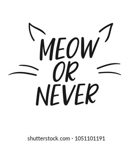 "Meow or Never" Vector poster calligraphy with phrase and cat ears and whiskers illustration. Handdrawn brush elements. Isolated typography motivational card. Design lettering for t-shirt and prints.