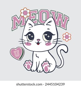 Meow Pink Kitten Flowers Baby, Cute Cartoon Kitty Vector, Cute Cat Vector, Meow Cat.