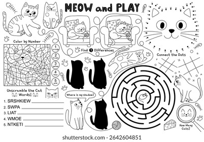 Miau e jogar placemat com gatos bonitos. Esteira de atividade de personagens felinos engraçados para crianças com ponto a ponto, encontrar 7 diferenças, cor por número e outros jogos. Ilustração vetorial