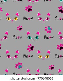 Meow seamless pattern. Girlish repeated backdrop with grey background, kitty face elements eyes, earth, track paw, text. Childish style. Animal wallpaper. Cats design