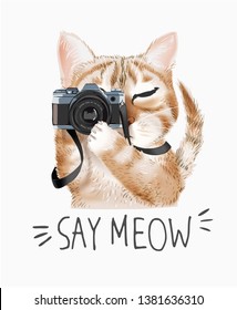 meow-Slogan mit Cartoon-süßer Katze, die eine Kamera hält Illustration