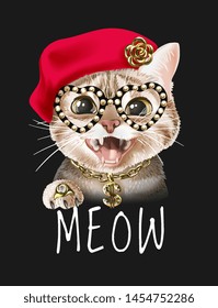 meow slogan with cat in fashion costume illustration