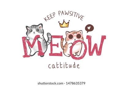 meow slogan with cute cartoon cats illustration