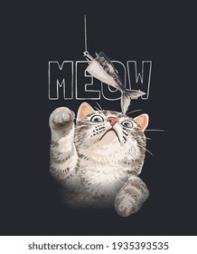 meow slogan with cute cat reaching for fish illustration