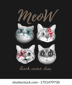 meow slogan with cute cats face painted illustration on black background