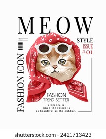 meow slogan with cute kitten in bandana head scarf magazine cover hand drawn vector illustration