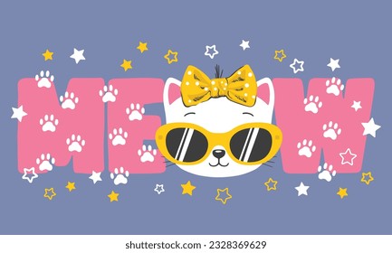Meow slogan text with cat girl face, sunglasses on dark background for t-shirt graphics, fashion prints and other uses