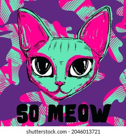 So meow t shirt design with big Sphinx cat head on repeat graffiti pattern in pink, blue and purple colors. Grunge textured poster with cat.