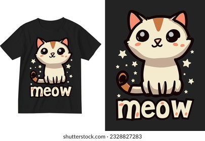 Meow t shirt design . Cat t shirt design . Kitty t-shirt design . Kitten lover gift shirt . Kitty lover tee . Cute cat graphic t-shirt . Pet cats tshirt illustration . Kitten tshirt graphic template