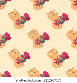 meow and taffy in Christmas day cartoon seamless pattern