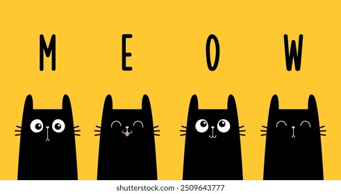 Meow text. Cat kitten set. Face head banner. Cute cartoon character. Different emotions. Kawaii baby pet animal. Greeting card, tshirt, sticker print. Flat design. Isolated. Yellow background. Vector