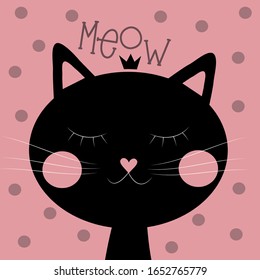 Meow text with cute black cat with crown. Good for Baby room decor, nursery prints, wall art, and poster, baby sower card.