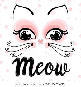 MEOW . Meow text. Hand drawn quote. Cat sound hand lettering. Doodle phrase. Vector illustration for print on shirt, card, poster etc. Black, yellow and white.