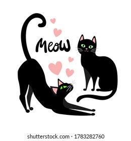 Meow  Two black cats and green eyes white background  In love  For the design prints  posters  postcards  etc  Vector