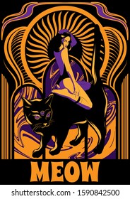 Meow. Vector hand drawn illustration of pretty girl sitting on big cat with three eyes isolated. Template for card, poster, banner, print for t-shirt, pin, badge, patch.