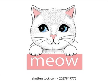 meow white cat vector design hand drawn