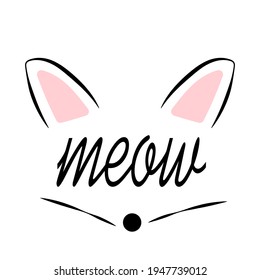 Palabras maullidas orejas animales aisladas en fondo blanco liso estilo de vida llano ilustración niñas glamour moda doodle rosa y negro trendy