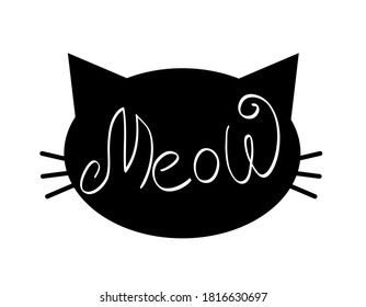 Meow word in cat face with whiskers. Vector illustration.