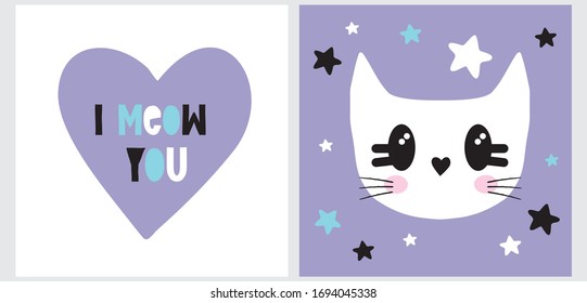 I Meow You. Cute Kawaii Style Romantic Vector Illustrations. Sweet White Baby Kitty and Stars Isolated on a Violet Background. Lovely Nursery Art for Baby Boy Party. Valentine's Day Vector Card.