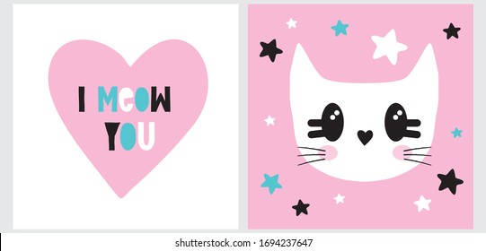 I Meow You. Cute Kawaii Style Romantic Vector Illustrations. Sweet White Baby Kitty and Stars Isolated on a Pink Background. Lovely Nursery Art for Cat Lovers. Valentine's Day Vector Card.