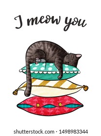 I MEOW YOU Greeting card with cute sleeping grey cat and little mouse on colorful pillows